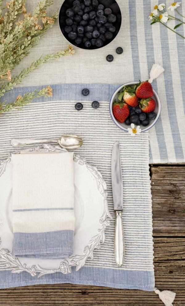 Set of 4 napkins Bicolor Wide Borders Stripes Linen and Cotton