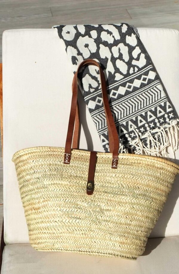 French Market Beach Basket With Leather Stripes