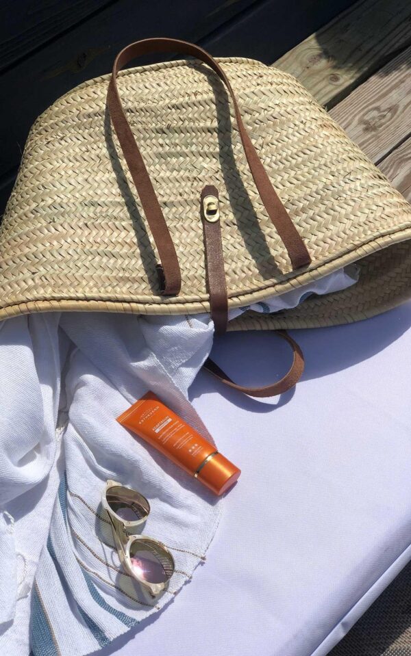 French Market Beach Basket With Leather Stripes