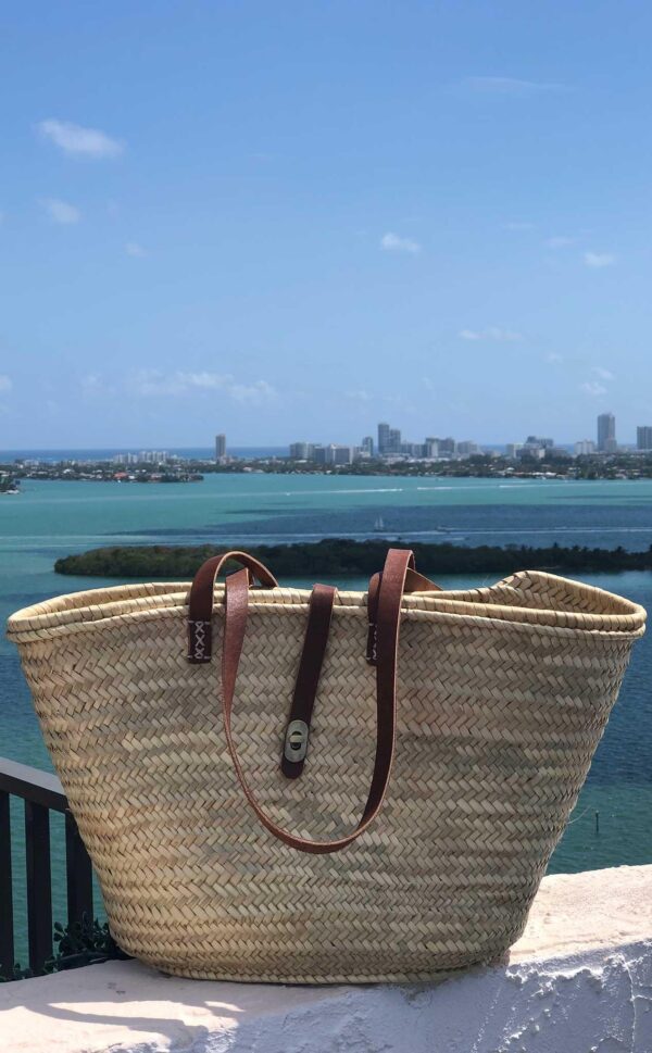 French Market Beach Basket With Leather Stripes