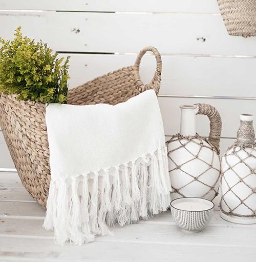 Throw Hand Woven Blanket Herringbone White