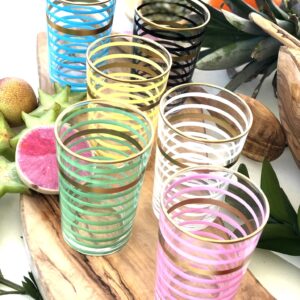 Set of 6 Moroccan Tea glasses Stripes Colored Gold