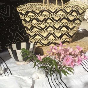 African Straw Beach Basket Black Lace