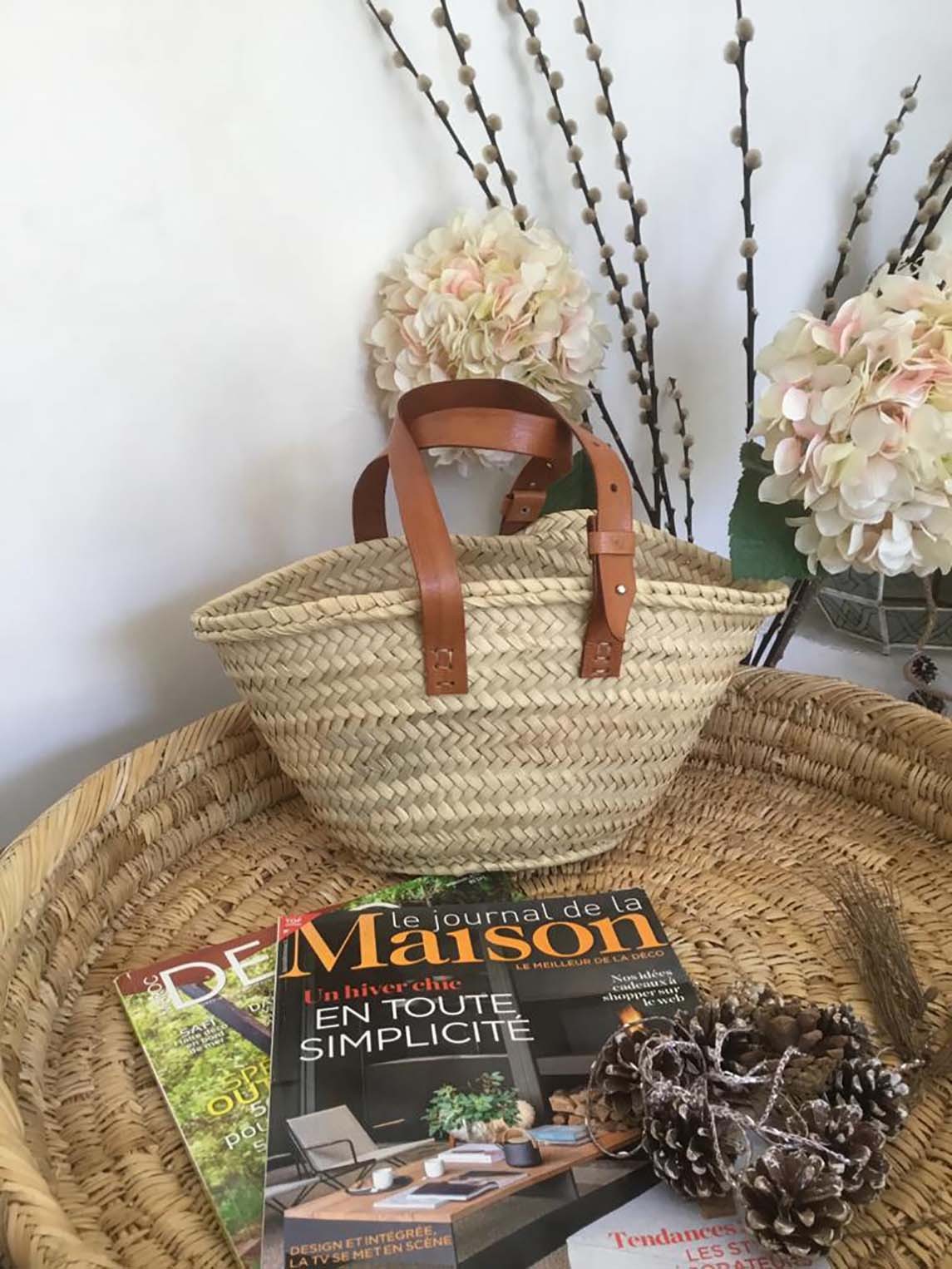 French Basket Straw Bag with Leather Handles