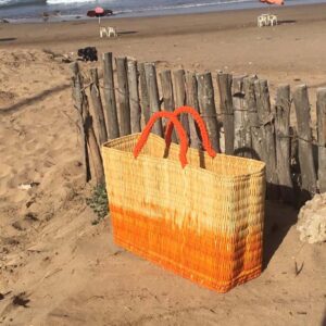 Large Tie Dye  Straw Beach Basket with Orange Corde Handle