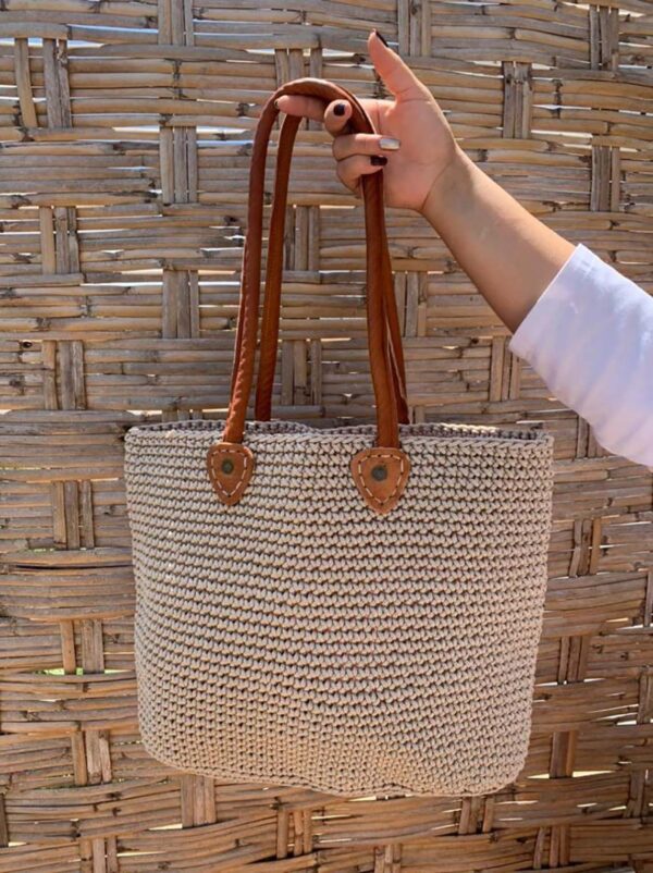 Three Tone Straw Braided Tote Bag Taupe