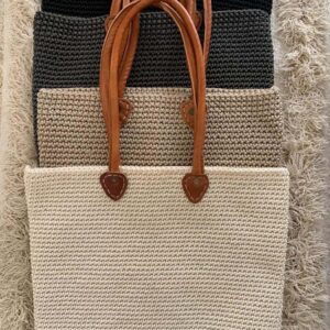 Rectangular Cotton Crochet Tote with Leather Handles