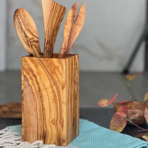Olive Wood Rectangular Vase or Utensil Holder