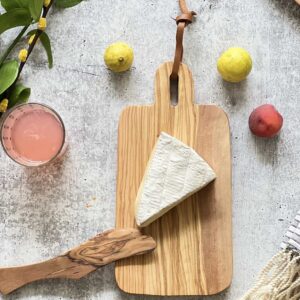 Olive Wood Rectangular Cheese Board with Leather Strap