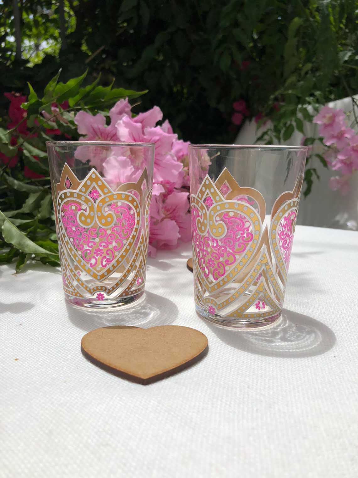 Set of 6 Moroccan Tea Glasses Hand Painted Colored Heart | Scents & Feel