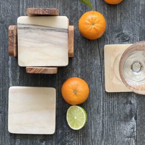 Olive Wood Coaster Box and its 6 Marble Coasters