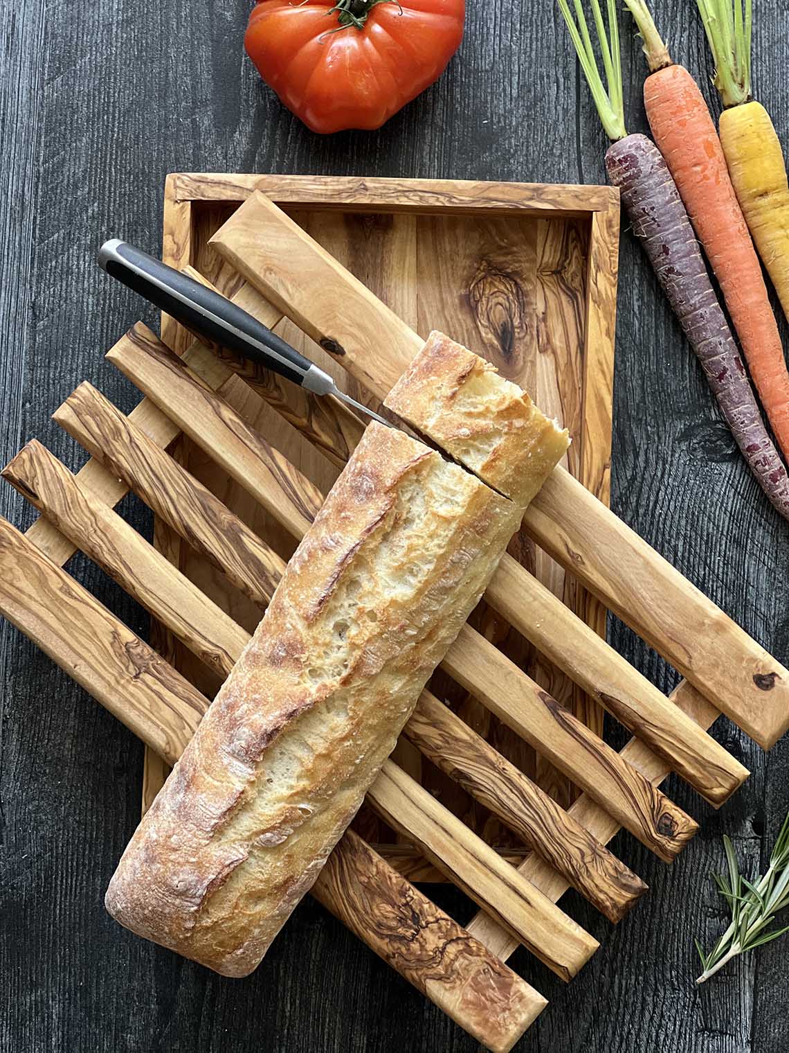 Bread cutting board olive wood with crumb catcher, useful kitchen utensil,  handmade