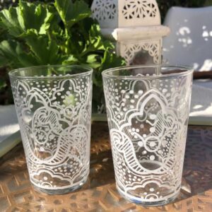 Set of 6 Moroccan Tea Glasses Hand Painted "Hamsa" White