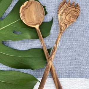 Olive Wood Modern Salad Serving Set