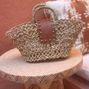 Small Open Straw Basket with leather Gold Studs