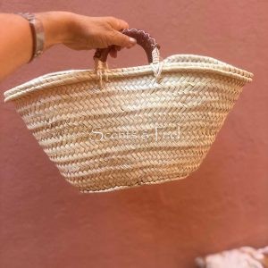 Small Straw basket with Stitched Leather Handles